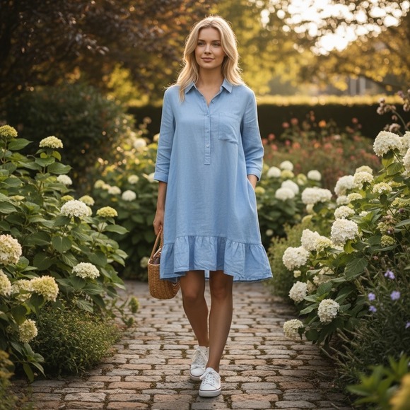 Liverpool Los Angeles Chambray Blue Linen Blend Shirt Dress Ruffle Hem Pockets L - Picture 1 of 10